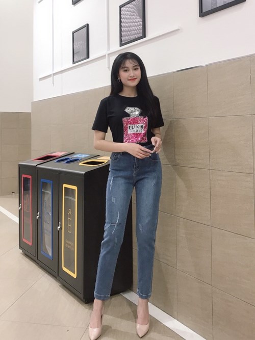 Quần Skinny xanh mài rách gối B7434