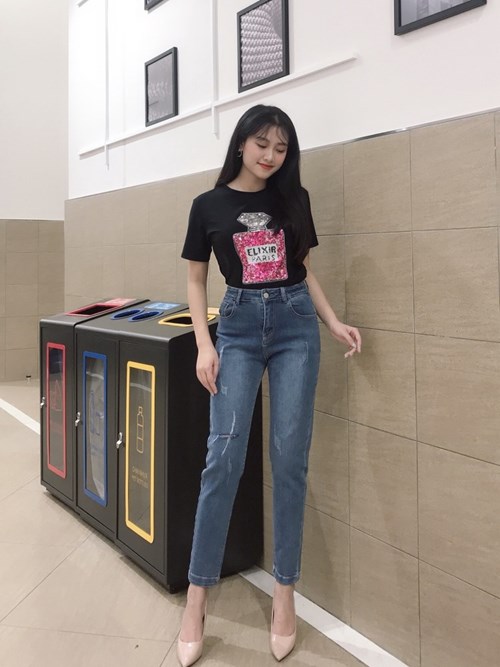 Quần Skinny xanh mài rách gối B7434