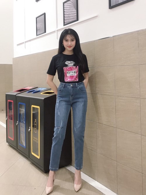 Quần Skinny xanh mài rách gối B7434