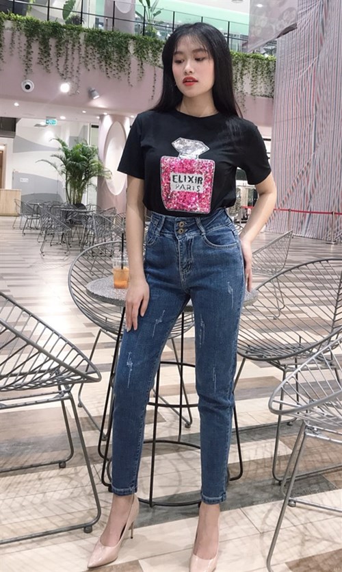 Quần Skinny màu xanh đậm lưng cao, mài xước B7491