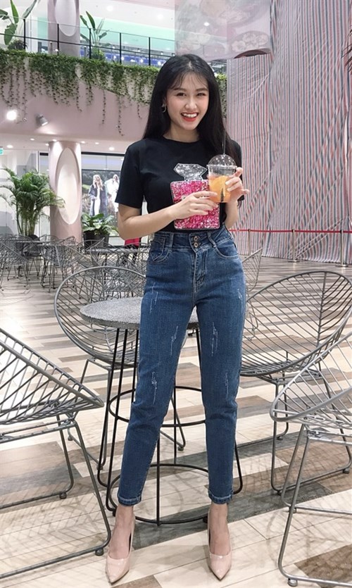 Quần Skinny màu xanh đậm lưng cao, mài xước B7491