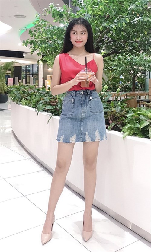 Váy Jeans xanh nhạt mài rách V3175