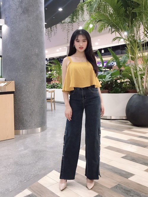 Quần ống loe đen khói đính cúc viền X8059