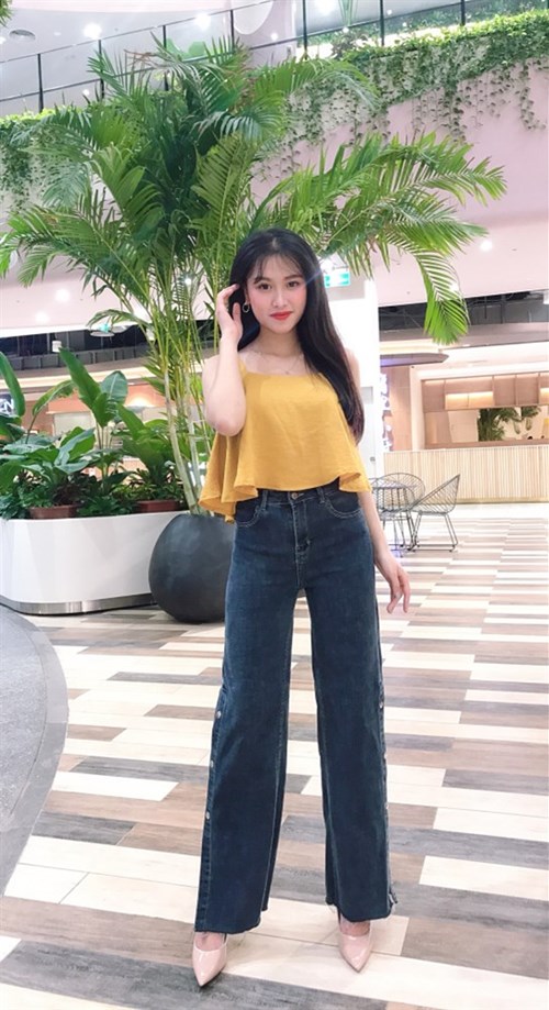 Quần ống loe đen khói đính cúc viền X8059