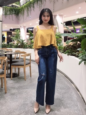 Quần ống loe Xanh đậm mài rách gối X8068