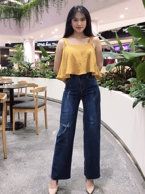 Quần ống loe Xanh đậm mài rách gối X8068