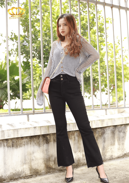 jean ống loe 2 khuy đen- DV6995